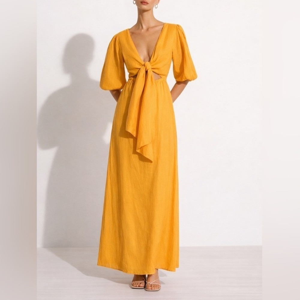 Faithfull the Brand La Mia Maxi Dress US 4 Tie Front Cutout Puff Sleeve Linen